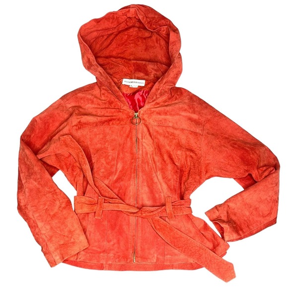 John Murrough Vintage 80s Suede Leather Orange O-Ring Zip Up Hooded Jacket Small - Picture 3 of 14